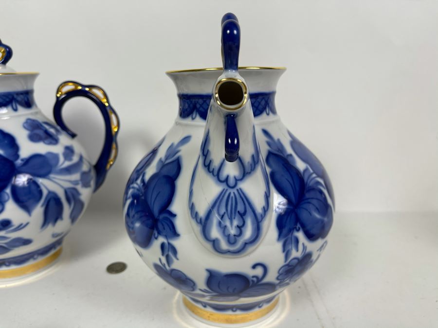 Pair Of Hand Painted Russian Teapots Blue, White And Gold 10H X 10W [Photo 9]