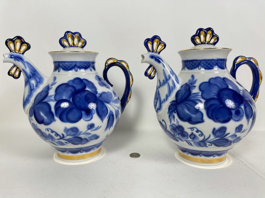 Pair Of Hand Painted Russian Teapots Blue, White And Gold 10H X 10W [Photo 2]