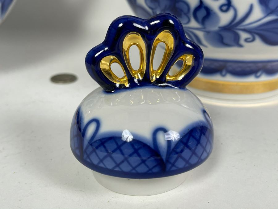 Pair Of Hand Painted Russian Teapots Blue, White And Gold 10H X 10W [Photo 7]