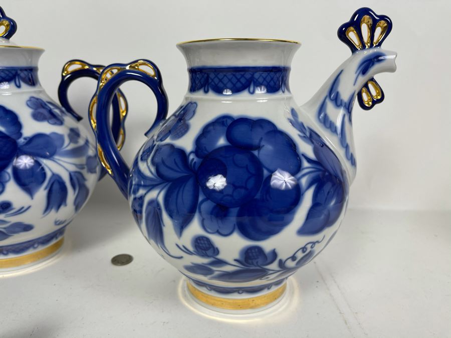 Pair Of Hand Painted Russian Teapots Blue, White And Gold 10H X 10W [Photo 10]