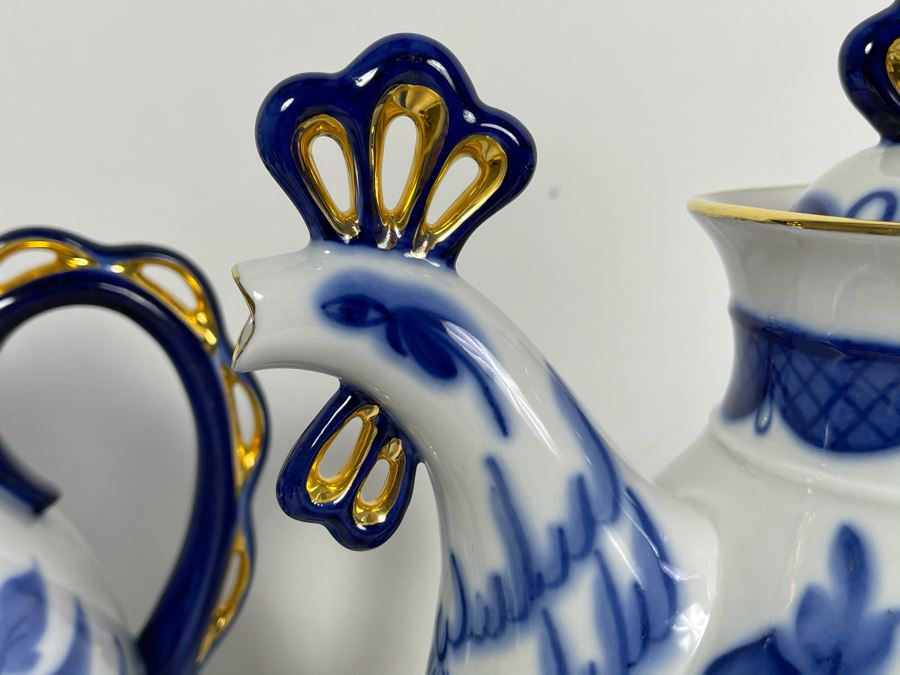Pair Of Hand Painted Russian Teapots Blue, White And Gold 10H X 10W [Photo 4]