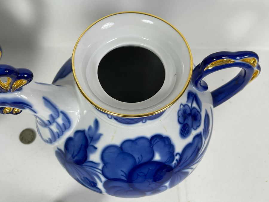 Pair Of Hand Painted Russian Teapots Blue, White And Gold 10H X 10W [Photo 6]