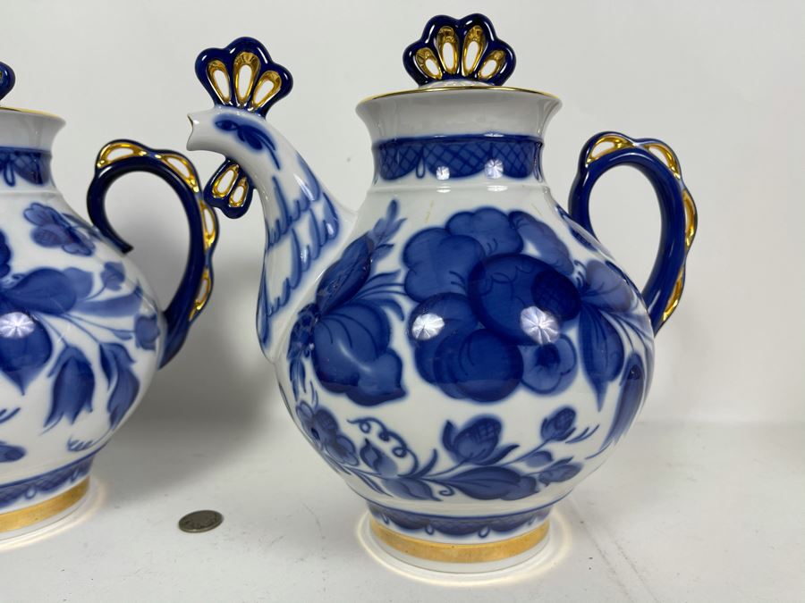 Pair Of Hand Painted Russian Teapots Blue, White And Gold 10H X 10W [Photo 3]