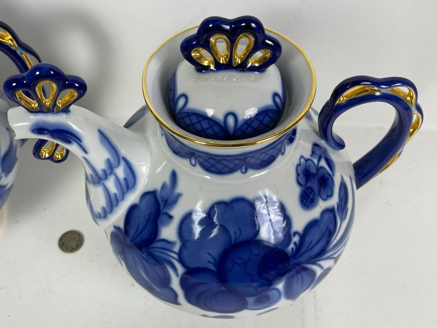 Pair Of Hand Painted Russian Teapots Blue, White And Gold 10H X 10W [Photo 5]