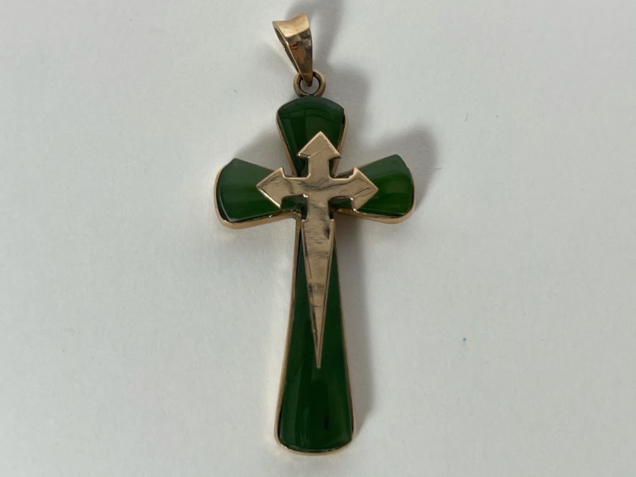 18K Gold Nephrite Cross Pendant 4.4g [Photo 4]