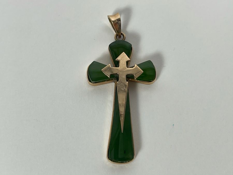 18K Gold Nephrite Cross Pendant 4.4g [Photo 3]