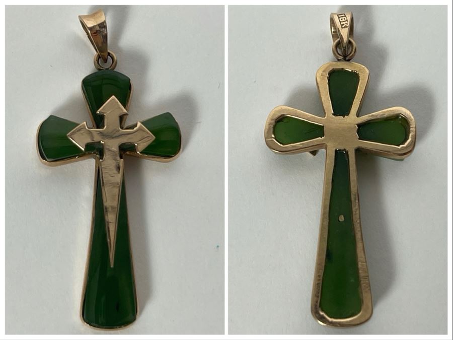 18K Gold Nephrite Cross Pendant 4.4g