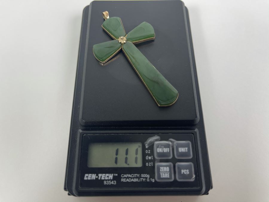 14K Gold Nephrite Cross Pendant 11.1g [Photo 4]