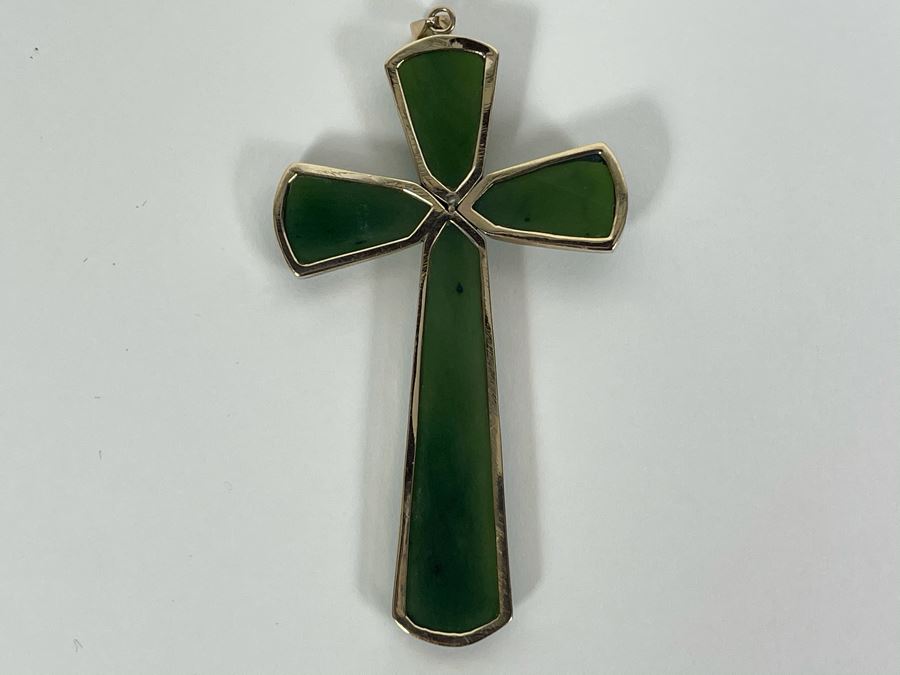 14K Gold Nephrite Cross Pendant 11.1g [Photo 3]