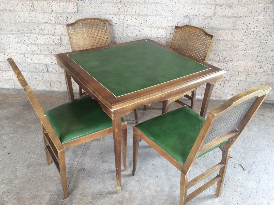 Green Folding Card Table with (4) Folding Cane Back Chairs [Photo 5]