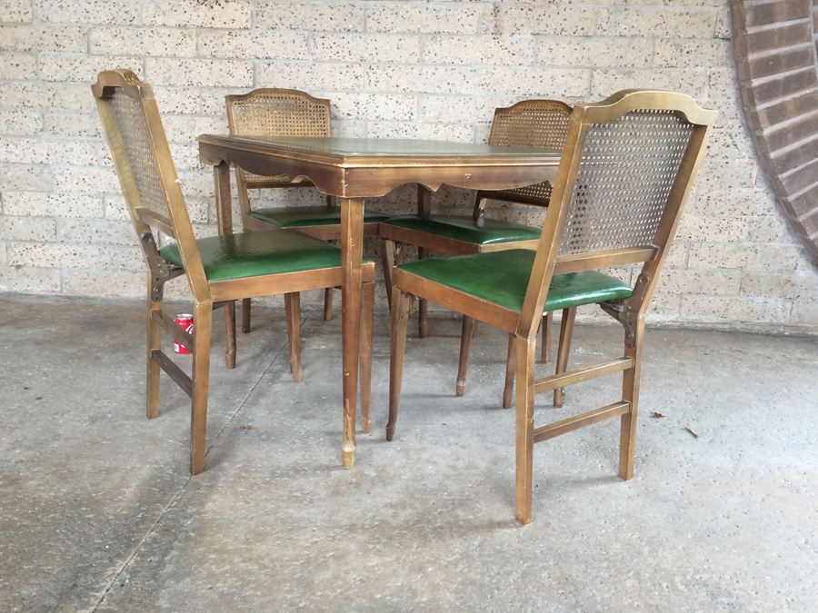Green Folding Card Table with (4) Folding Cane Back Chairs [Photo 1]