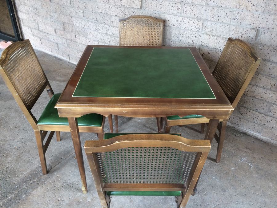 Green Folding Card Table with (4) Folding Cane Back Chairs [Photo 6]