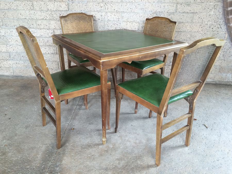 Green Folding Card Table with (4) Folding Cane Back Chairs [Photo 4]