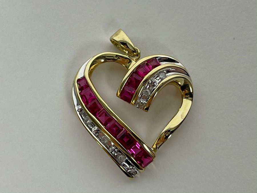 10K Gold Synthetic Ruby And Diamond Pendant 2.7g Fair Market Value $100 [Photo 9]