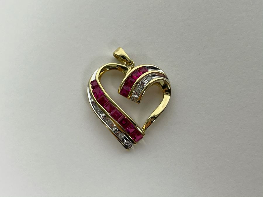 10K Gold Synthetic Ruby And Diamond Pendant 2.7g Fair Market Value $100 [Photo 3]