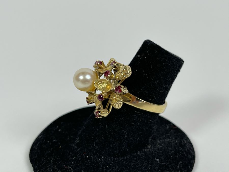 18K Gold Pearl Ruby Ring Size 6 4.9g Fair Market Value $400 [Photo 11]