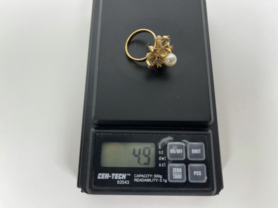 18K Gold Pearl Ruby Ring Size 6 4.9g Fair Market Value $400 [Photo 16]