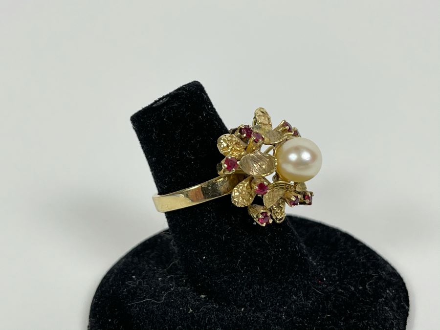 18K Gold Pearl Ruby Ring Size 6 4.9g Fair Market Value $400 [Photo 9]