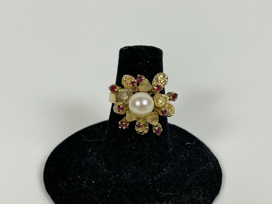 18K Gold Pearl Ruby Ring Size 6 4.9g Fair Market Value $400 [Photo 4]