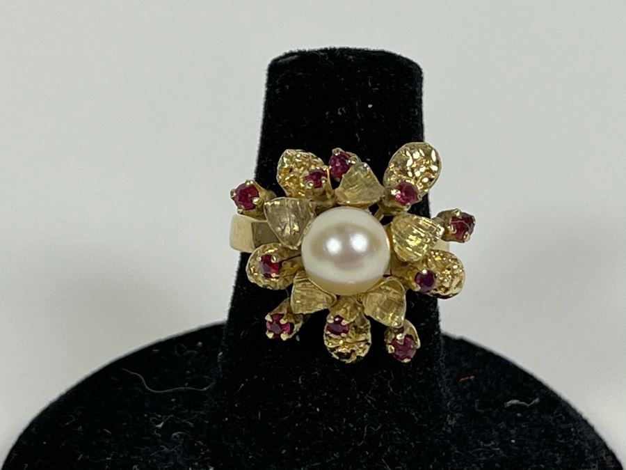 18K Gold Pearl Ruby Ring Size 6 4.9g Fair Market Value $400 [Photo 2]