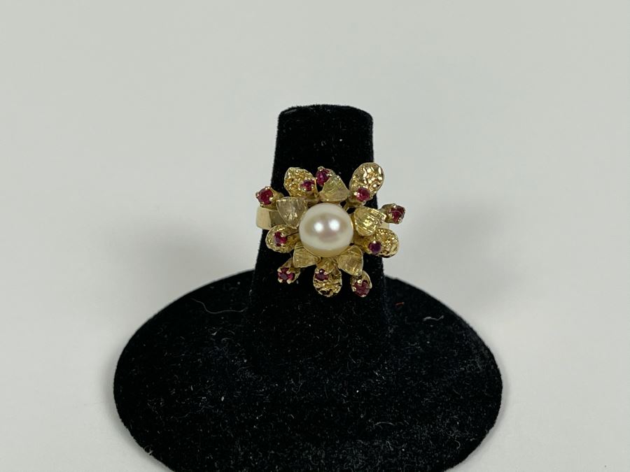 18K Gold Pearl Ruby Ring Size 6 4.9g Fair Market Value $400 [Photo 5]