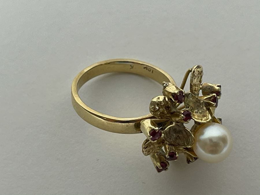 18K Gold Pearl Ruby Ring Size 6 4.9g Fair Market Value $400 [Photo 14]
