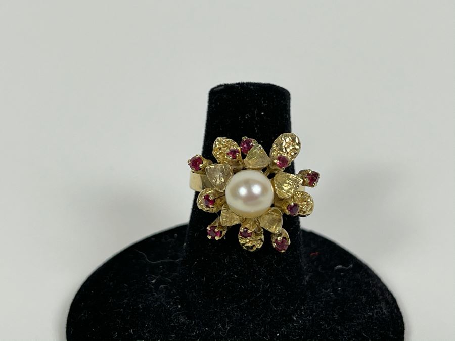 18K Gold Pearl Ruby Ring Size 6 4.9g Fair Market Value $400 [Photo 6]