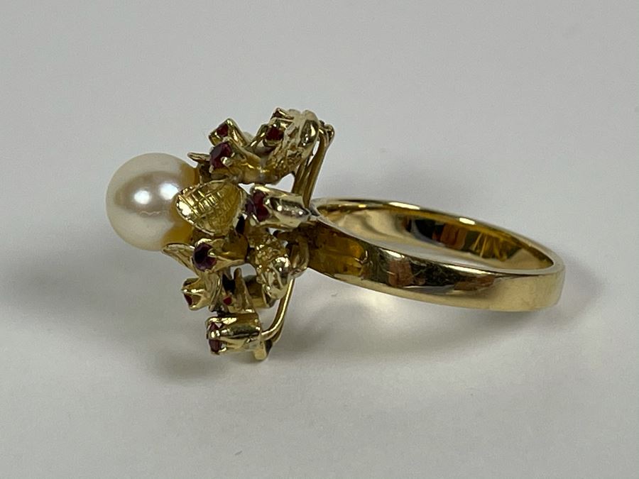 18K Gold Pearl Ruby Ring Size 6 4.9g Fair Market Value $400 [Photo 13]