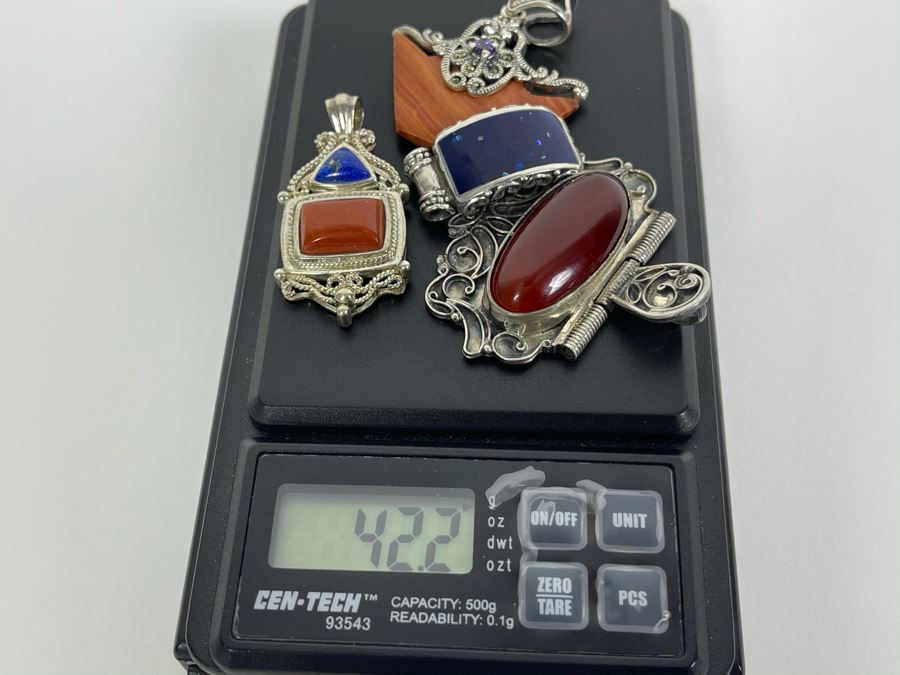 Collection Of Sterling Silver Pendants With Carnelian, Jasper And Lapis Lazuli Total Weight 42.2g Fair Market Value $100 [Photo 9]