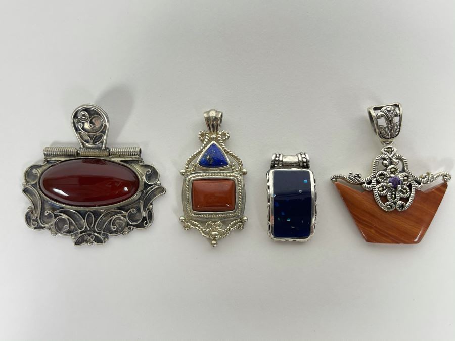 Collection Of Sterling Silver Pendants With Carnelian, Jasper And Lapis Lazuli Total Weight 42.2g Fair Market Value $100
