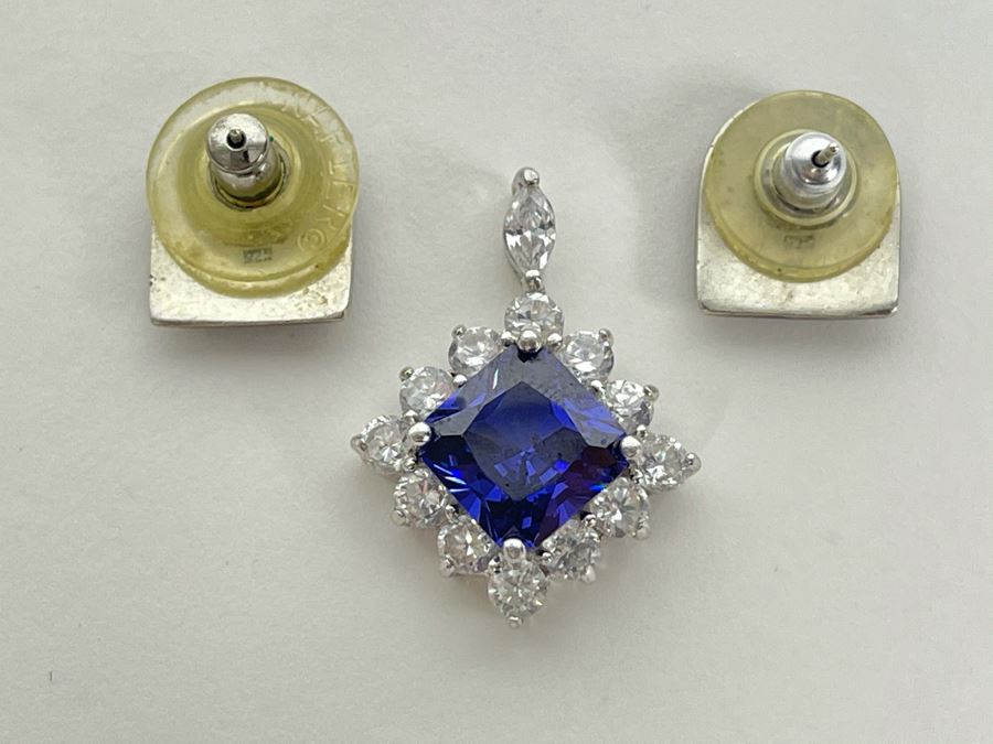 Sterling Silver CZ Pendant And Sterling Silver Lapis Lazuli Earrings Total Weight 9.2g [Photo 4]