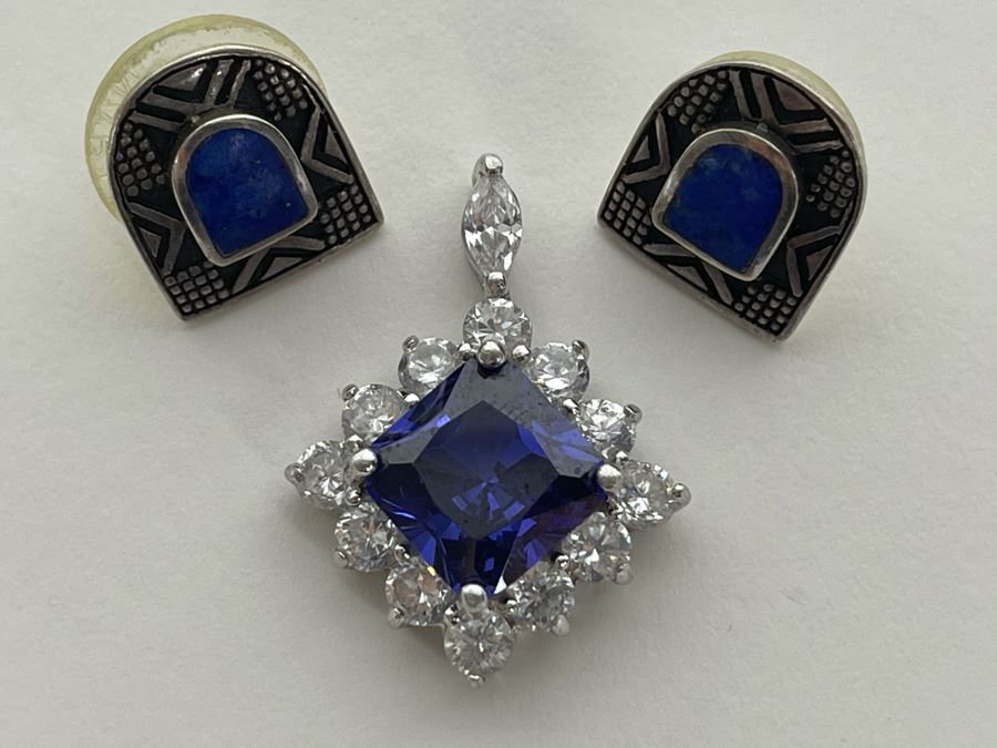 Sterling Silver CZ Pendant And Sterling Silver Lapis Lazuli Earrings Total Weight 9.2g [Photo 2]