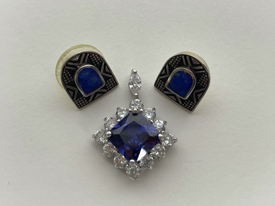 Sterling Silver CZ Pendant And Sterling Silver Lapis Lazuli Earrings Total Weight 9.2g [Photo 3]