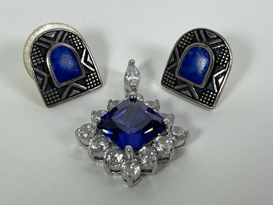 Sterling Silver CZ Pendant And Sterling Silver Lapis Lazuli Earrings Total Weight 9.2g