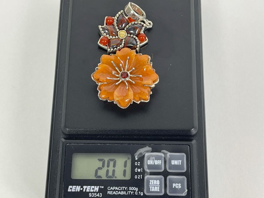 Sterling Silver Tiger Iron Carnelian Agate Pendant And Sterling Silver Carved Quartzite Penant Total Weight 20.1g [Photo 6]