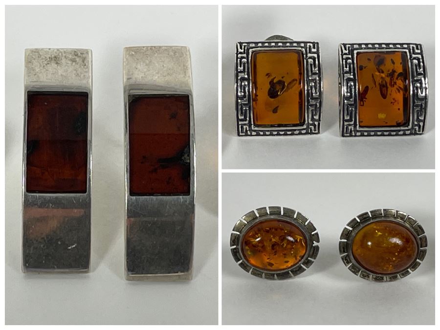 Set Of Three Sterling Silver Amber Earrings Total Weight 15.7g Fair Market Value $110
