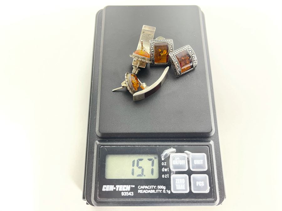 Set Of Three Sterling Silver Amber Earrings Total Weight 15.7g Fair Market Value $110 [Photo 7]