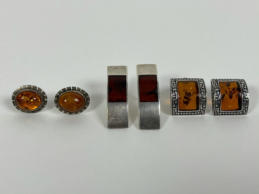 Set Of Three Sterling Silver Amber Earrings Total Weight 15.7g Fair Market Value $110 [Photo 3]