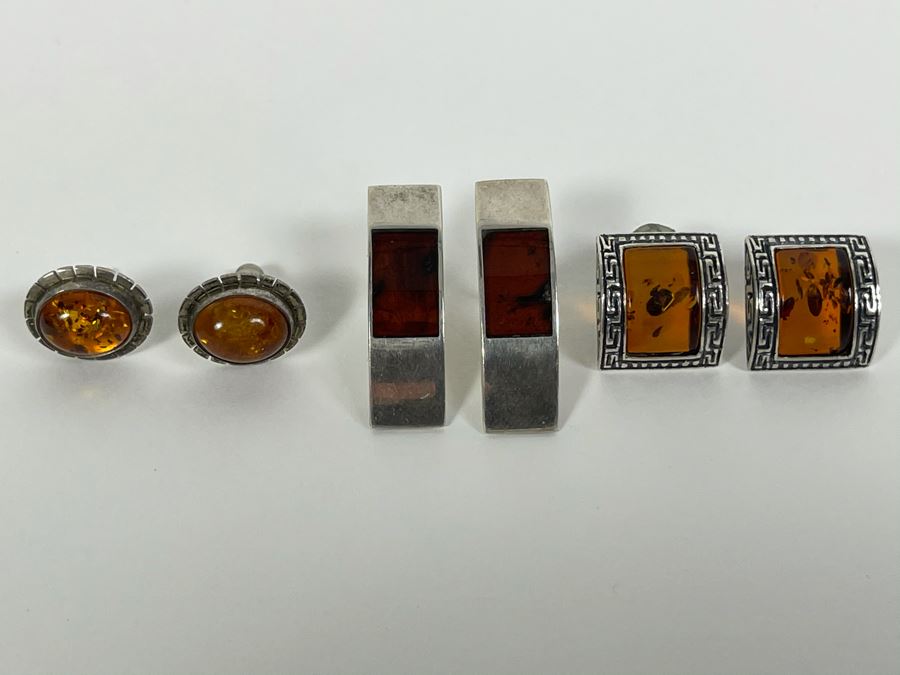 Set Of Three Sterling Silver Amber Earrings Total Weight 15.7g Fair Market Value $110 [Photo 2]