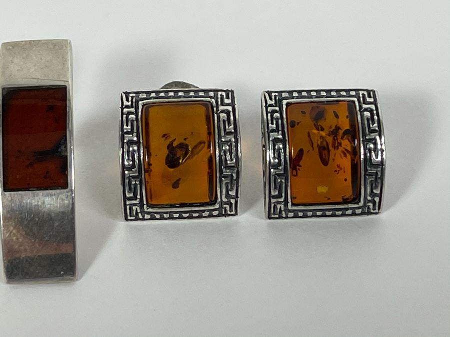 Set Of Three Sterling Silver Amber Earrings Total Weight 15.7g Fair Market Value $110 [Photo 5]