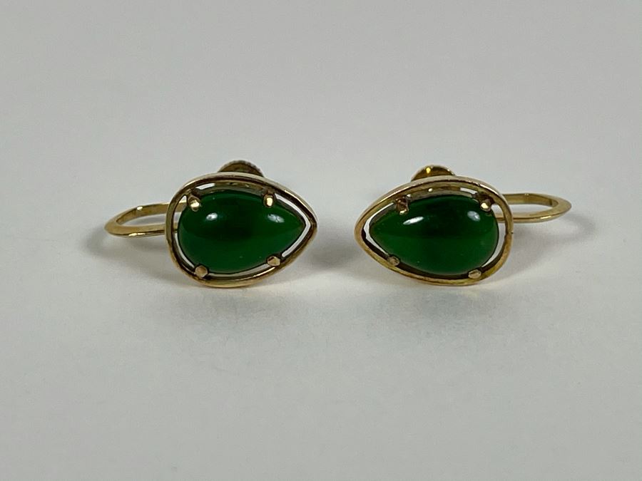 14K Gold Glass/Resin 'Jade' Earrings 2.5g [Photo 3]