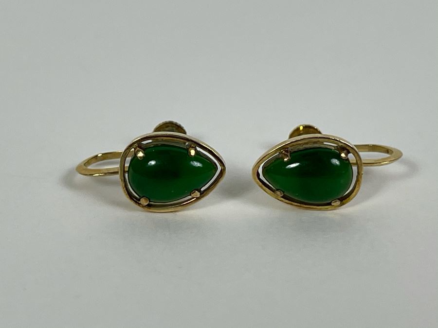 14K Gold Glass/Resin 'Jade' Earrings 2.5g [Photo 2]