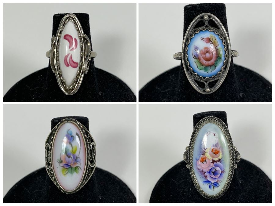 Collection Of Four Russian Hand Painted Enamel Rostov Finift Rings Sizes 6 And 5