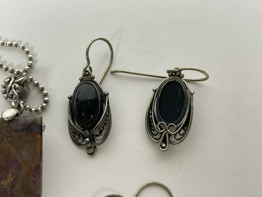 Sterling Silver And Semiprecious Stone Jewelry Lot: Sterling Silver Chain With Jasper Pendant, Four Pairs Of Sterling Silver Earrings And Sterling Cross Pendant Total Weight 28.1g [Photo 11]