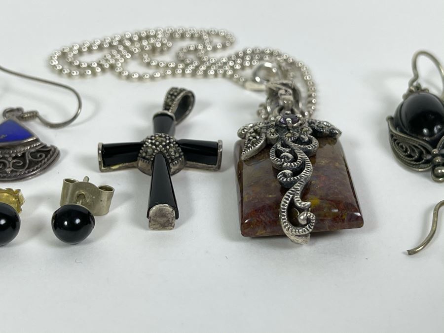 Sterling Silver And Semiprecious Stone Jewelry Lot: Sterling Silver Chain With Jasper Pendant, Four Pairs Of Sterling Silver Earrings And Sterling Cross Pendant Total Weight 28.1g [Photo 8]