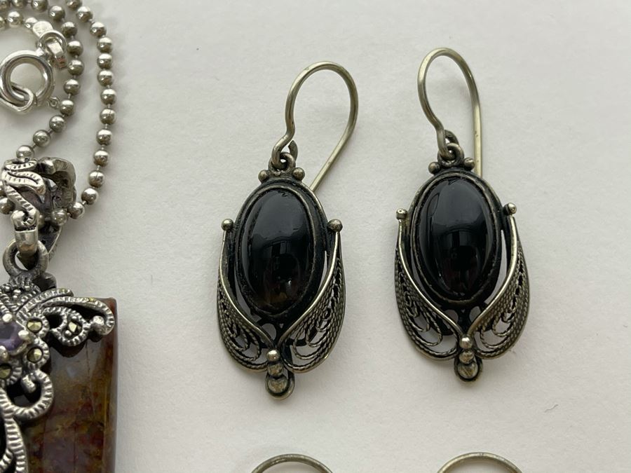 Sterling Silver And Semiprecious Stone Jewelry Lot: Sterling Silver Chain With Jasper Pendant, Four Pairs Of Sterling Silver Earrings And Sterling Cross Pendant Total Weight 28.1g [Photo 6]