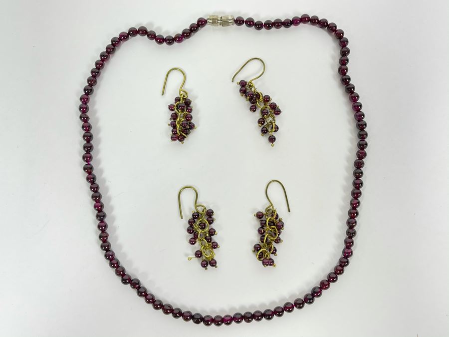 Garnet Beaded 18' Necklace With Two Pairs Of Garnet Beaded Earrings [Photo 1]