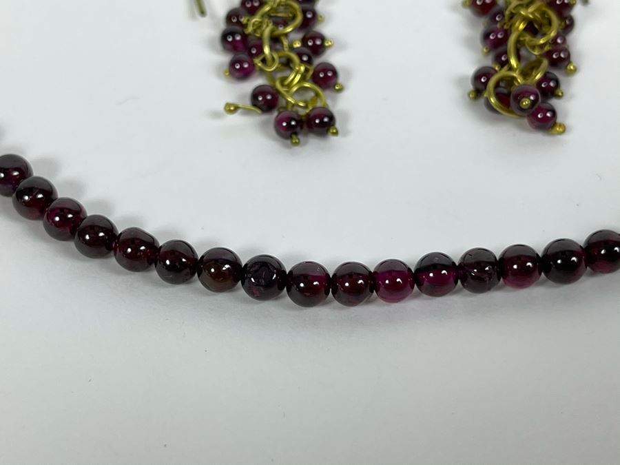 Garnet Beaded 18' Necklace With Two Pairs Of Garnet Beaded Earrings [Photo 3]