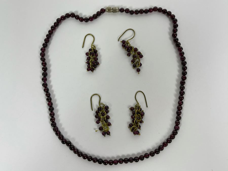 Garnet Beaded 18' Necklace With Two Pairs Of Garnet Beaded Earrings [Photo 2]