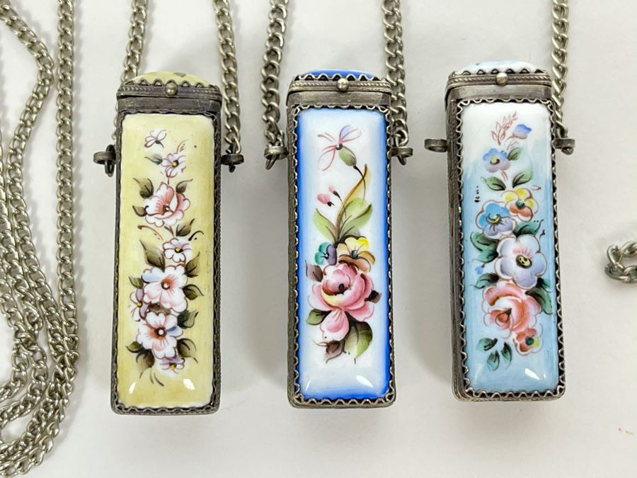 Set Of Three Russian Hand Painted Enamel Rostov Finift Pillbox Pendants With Chains (One Chain Needs To Be Attached)